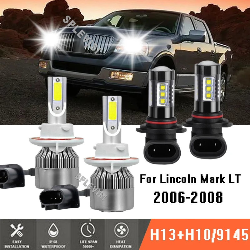 

9008 H13 LED White Headlight High/Low Beam H10 fog Lights 6000K Bulbs Kit 4PC For Lincoln Mark LT 2006-2008 2006 2007 2008