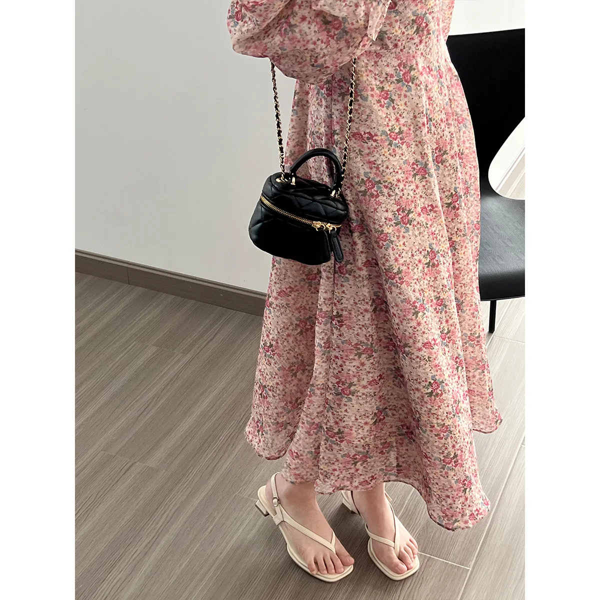 2024 New Women Floral Print Chiffon Long Dress V-Neck Puff Sleeve High Waist Women Summer Dress Vestidos Clothes For Women