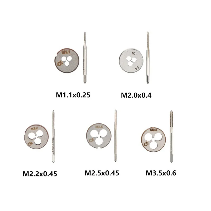 2pcs Metric Tap and Die Set Hand and Machine Thread Tap Drill Mini Thread Tool M1.1/M2/M2.2/M2.5/M3.5