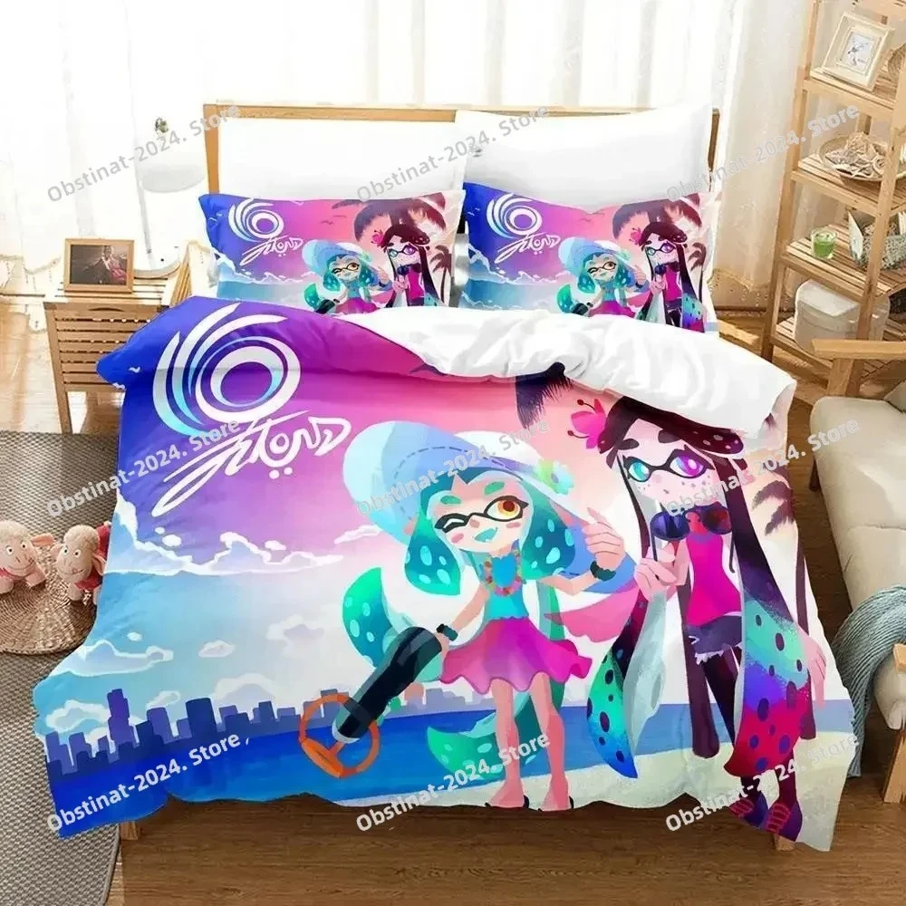 

Kawaii Game Splatoon 3 Bedding Set Printed Bed Set Duvet Cover Sheet Pillowcase Bed Soft Quilt Cover Full Queen King Size
