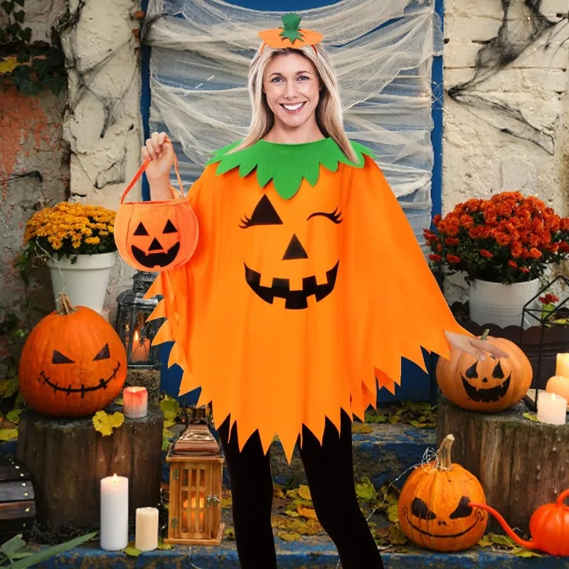 

3PCS Halloween Pumpkin Costume for Women,Pumpkin Poncho for Adults with Headband Bag Halloween Costume for Women