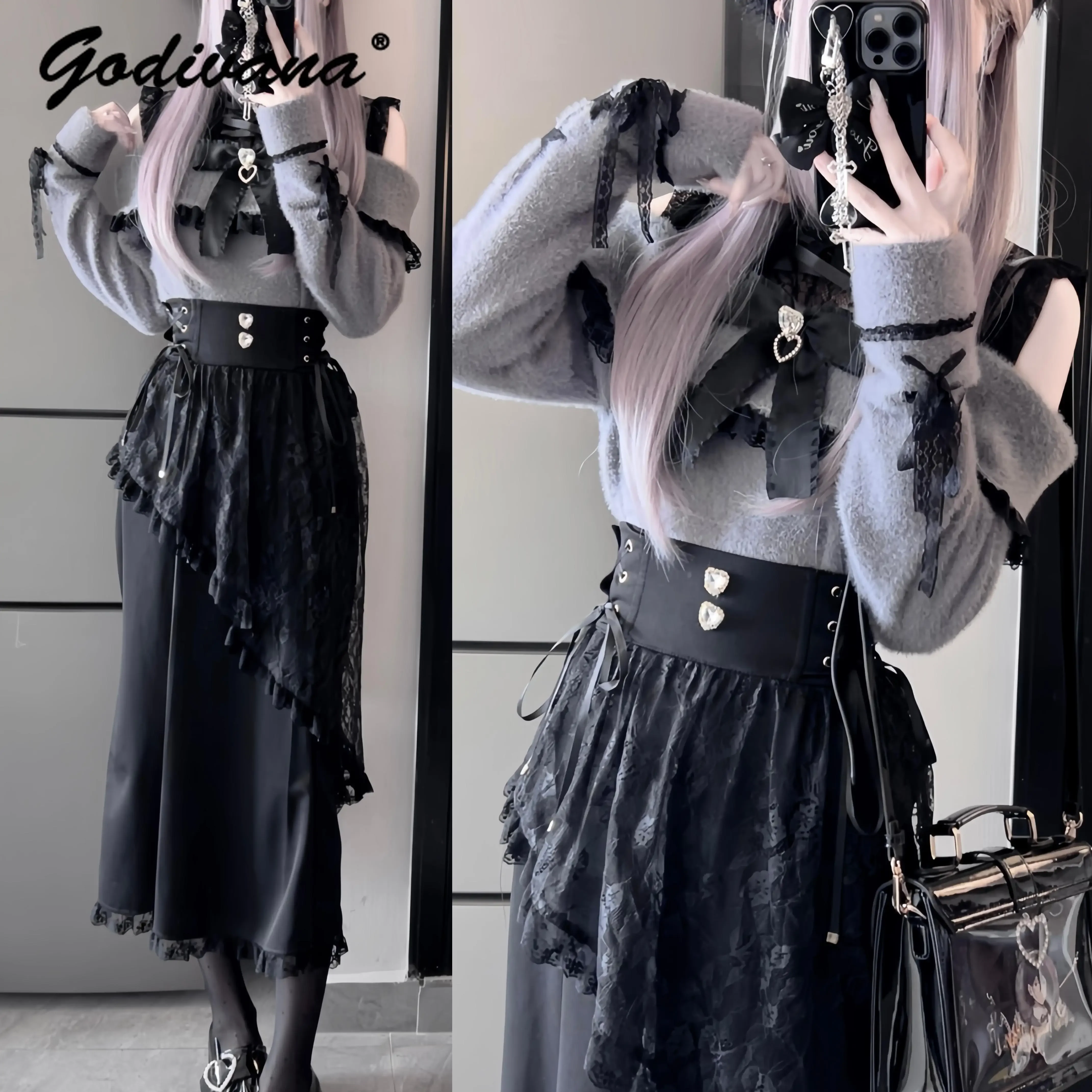 Japanese Mine Series Rhinestone Lace Spliced High Waist Fishtail Skirt Sweet Women's Black Long Skirt Off Shoulder Sweater Tops