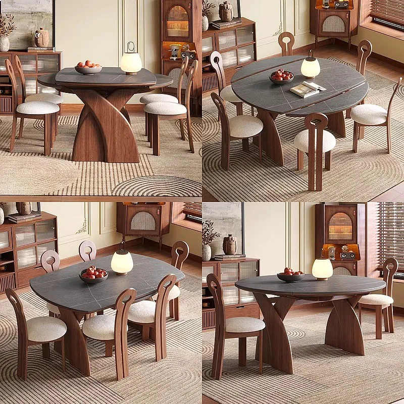 2026 New Solid Wood Folding Dining Table Chairs Set Round Extendable Home Space Saving Stone Top