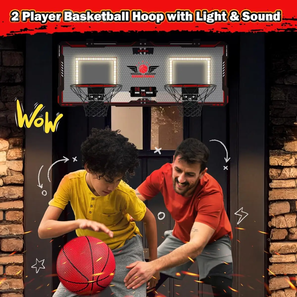 VATOS 2x Basketball Hoop Indoor Outdoor Electric Basketball Mini Scoreboard 4x Balls Toy Gift for Kids Boys Girls Sports Game