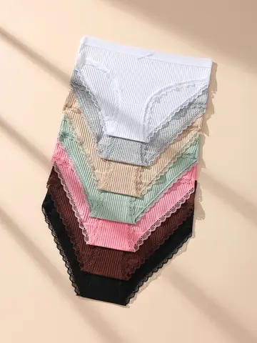 7Pcs Women's Panties Striped Briefs Sexy Lace Underwear Low-Rise Breathable Cotton Ladies Underpants Solid Female Lingerie XS-XL