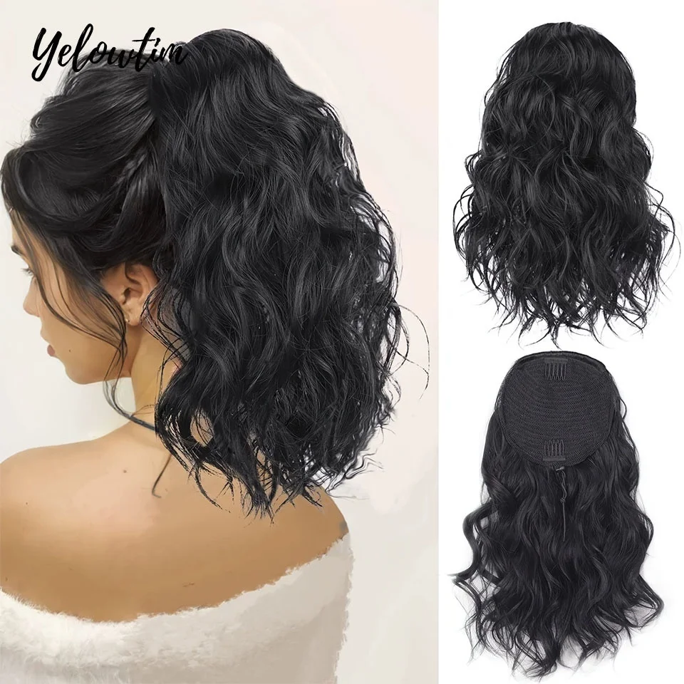 

YELOWTIM Synthetic Natural Wave Drawstring Ponytail Extension 14 Inch Long Wavy Clip In Pony Tail Hairpiece For Daily Party Use