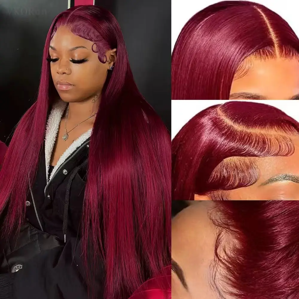 Burgundy 99J Straight Lace Front Human Hair Wigs 13x4 13x6 Red Pre Plucked Lace Frontal Wig 99J Colored 200% Human Hair Wig