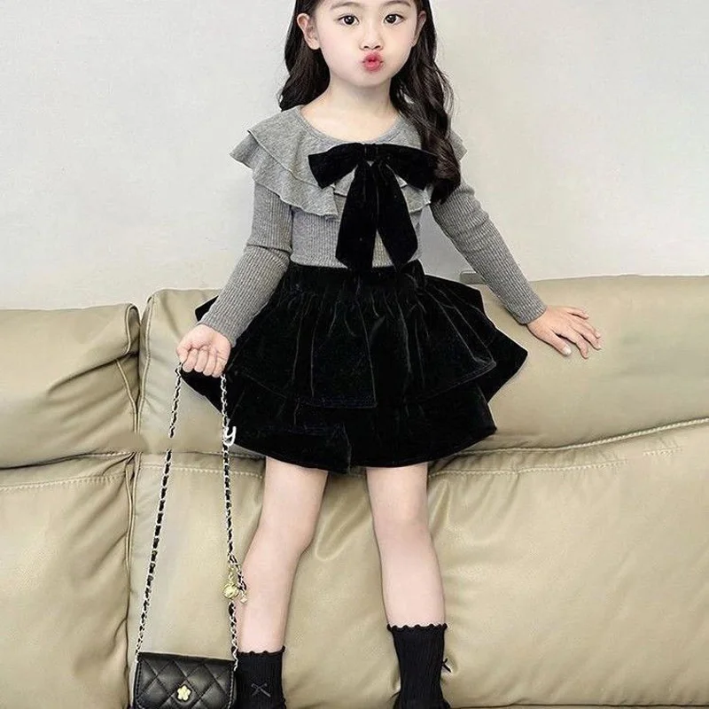 Autumn Spring Baby Girls Clothing Sets 2PCS Bow Gray Princess Tshirts Top+shirts+Short Skirts Suit Kids Fashion Kids Sets Outfit