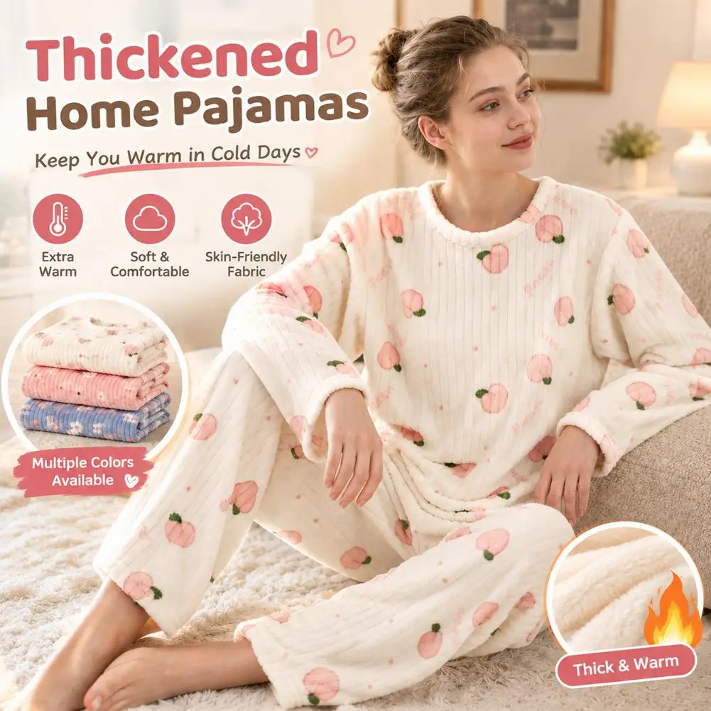 Thickened Loungewear Pajama Set Warm Two-Piece Homewear Set Peach Coral Velvet Suit Winter Women's Home Clothes Long Sleeve