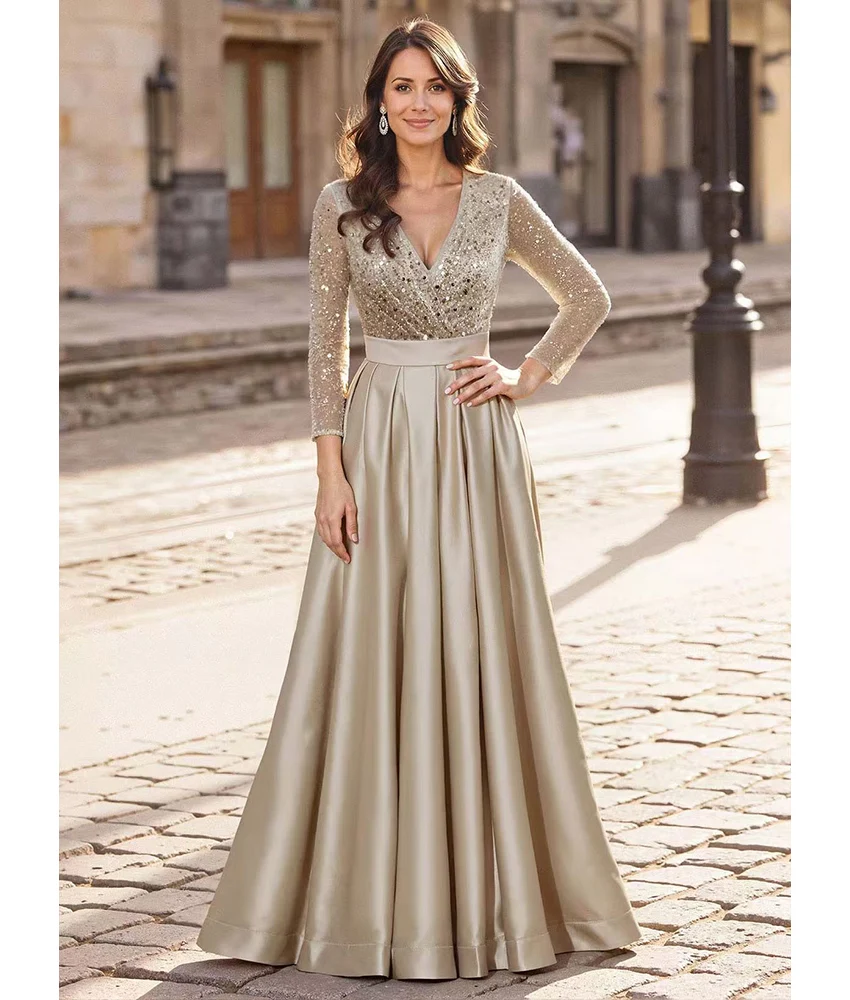

Customized High Quality Satin A-Line Crystal Sequined Evening Dress Exquisite Long Sleeves V-Neck فستان سهرة نسائي