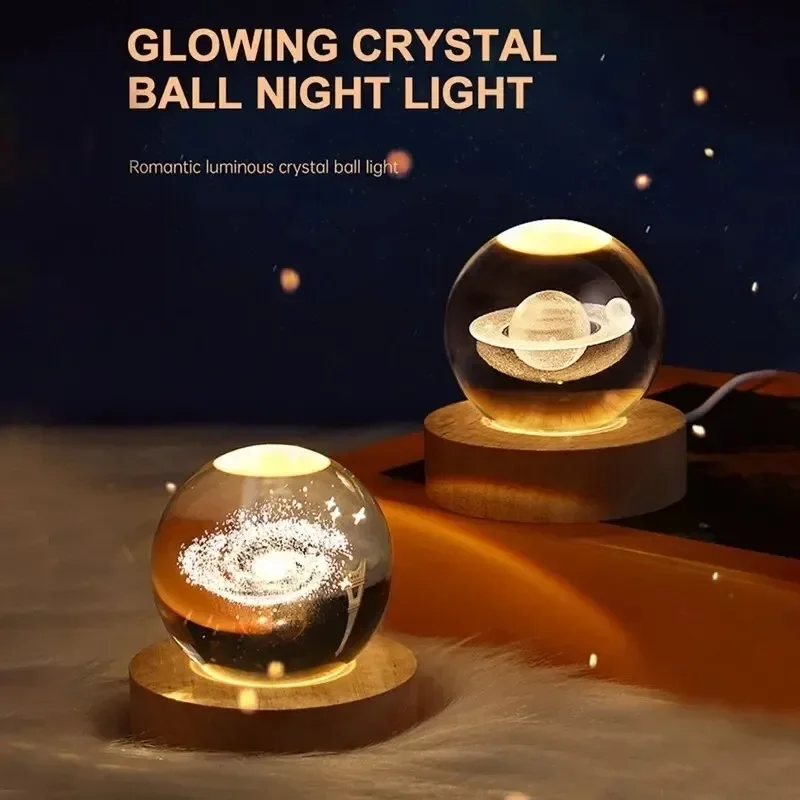HPH Crystal Ball Night Light Moon Light Lamp Laser Engraved Crystal Ball Solar System Light Christmas Gift Glass Room Decoration