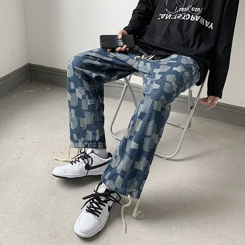 Autumn Casual Plaid Printed Straight Jeans Hombre Y2K Streetwear Denim Trousers 2024 New Retro Baggy Classic Wide Leg Jean