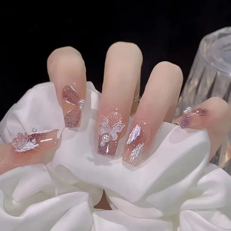 Uñas postizas rosas para manicura, 24 piezas, decoración de mariposa 3D, bailarina francesa bonita, usable