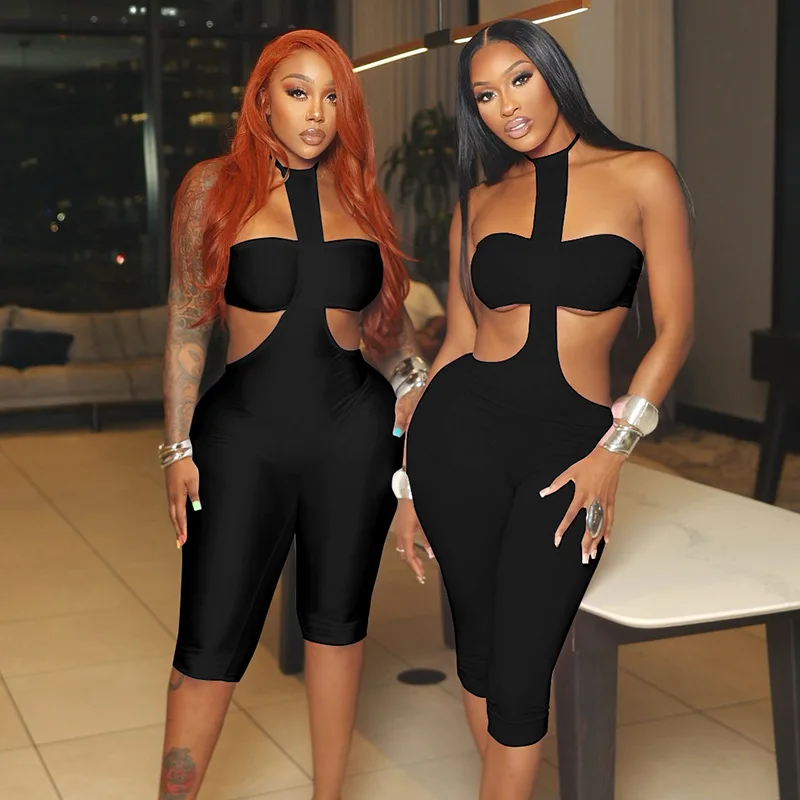 Abbigliamento donna Scollo all'americana Tuta corta senza maniche pagliaccetto solido vestito sexy moda calda Collant aperto indietro curvy combi set corti