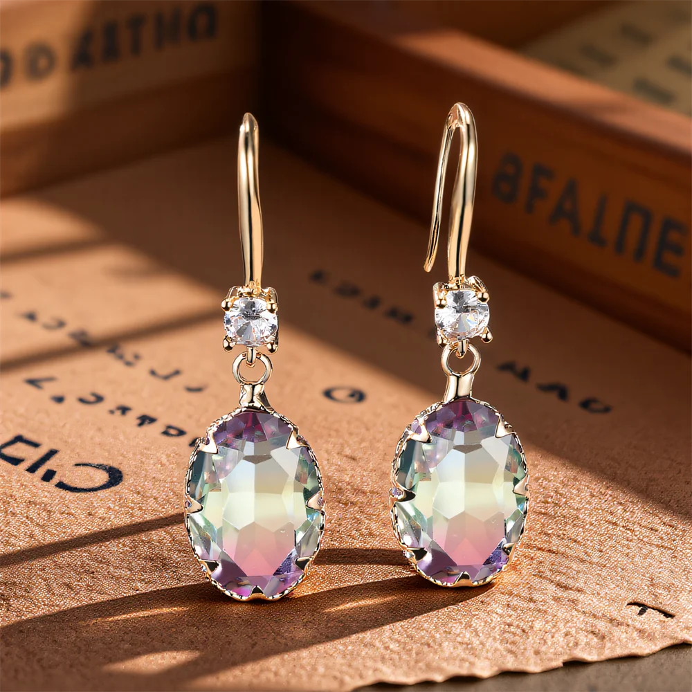 Pendientes largos colgantes de piedra ovalada de cristal de arcoíris para mujer, pendiente de gota de circón Multicolor de Color dorado Vintage, regalo de joyería de boda