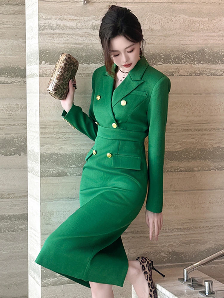 Elegant Fashion Midi Dress Women Clothing Professional Business Style Long Sleeve Double Breasted Robe Office Lady Work Vestidos