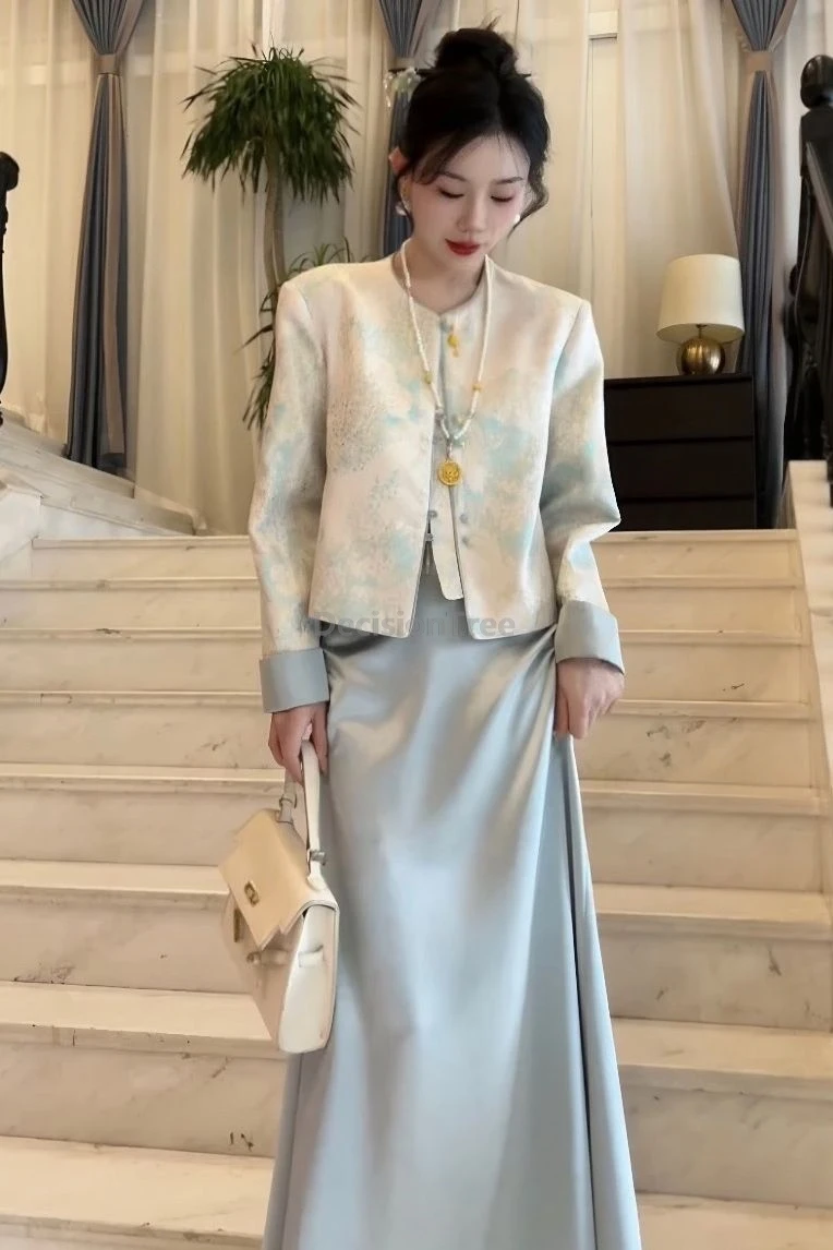 

2025 new chinese style clothing set autumn new jacquard disc buckle temperament coat elegant gentle brocade skirt 2-piece set