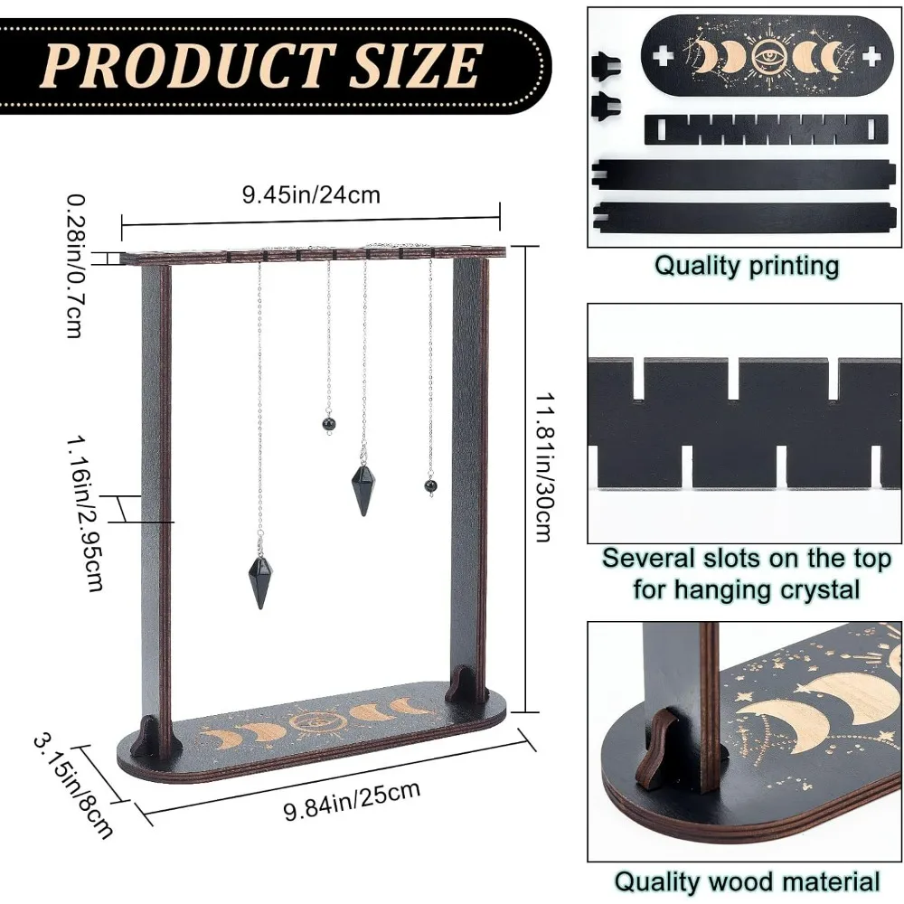 Moon Phase Pendulum Display Stand Holder Wooden Crystal Display Shelf with Obsidian Crystal Black Divination Dowsing making kit