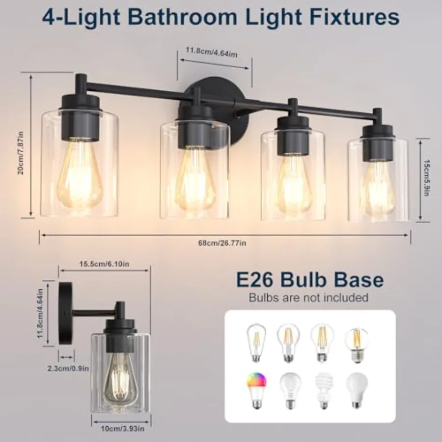 4-Light Bathroom Light Fixtures, Matte Black Modern Vanity Light with Clear Glass Shades, Bathroom Sconce for Mirror Living Roo