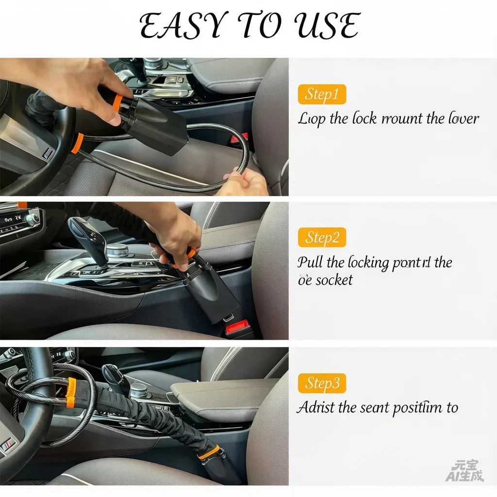 Car steering wheel lock with thick steel cable, handle lock, car seat belt clip lock, universal anti-theft lock for car