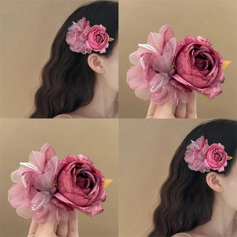 

Pink flower grab clip Mori fairy air sweet atmosphere large hair grab side tie hairpin hairpin
