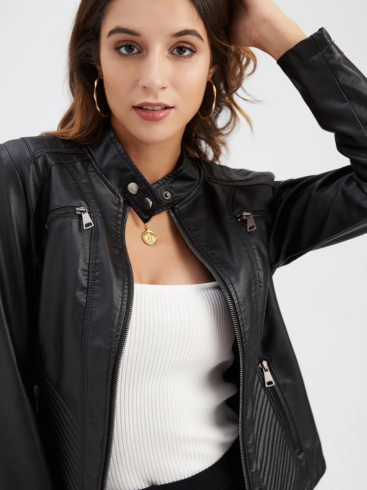 

Leather Jacket Women 2023 Autumn Spring Women's Moto Biker Zipper Jackets Red Black Apricot Coffee Coat Ladies Outerwear S-3XL