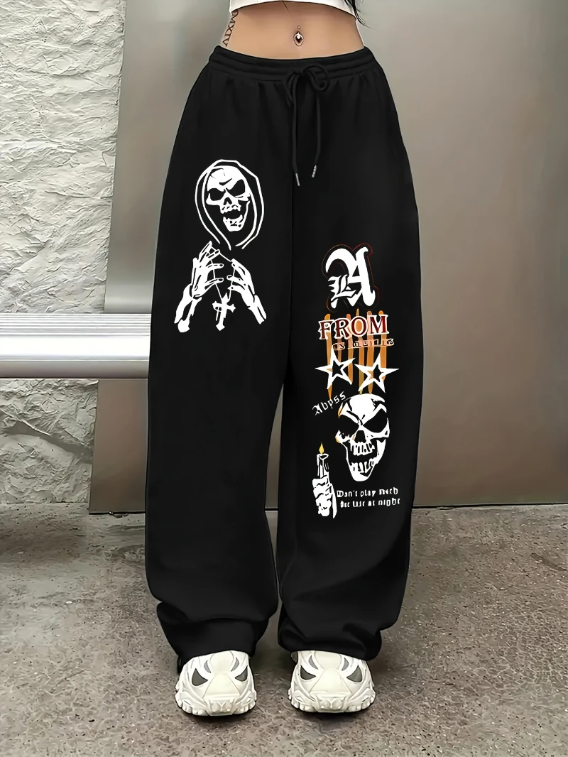 

Women's Trendy Black Joggers with White Skull & " Disorder" Print - Casual Hip-Hop Style Drawstring Straight-Leg Sweatpants