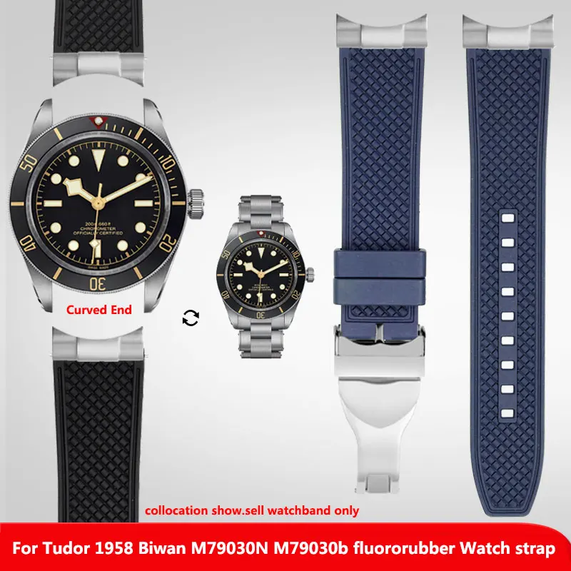 Cinturino per orologio in gomma fluorurata con estremità curva per Tudor Biwan 1958 M79030n M79030b 39mm Uomo Nero blu arancione verde cinturino 20m