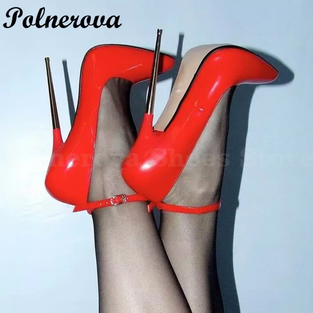 

Metal Heel Stiletto Pointy Toe Sandals Women Sexy Red Leather Party Heels Buckle Straps Ladies Pumps Designer Sandalias De Mujer