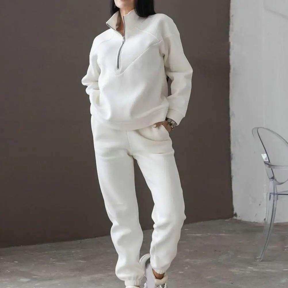 2 Pcs/Set Spring Top Pants Set Women Sweatshirt Pants Set Loose Warm Stand Collar Elastic Waist Women Sports Tracksuit 80%