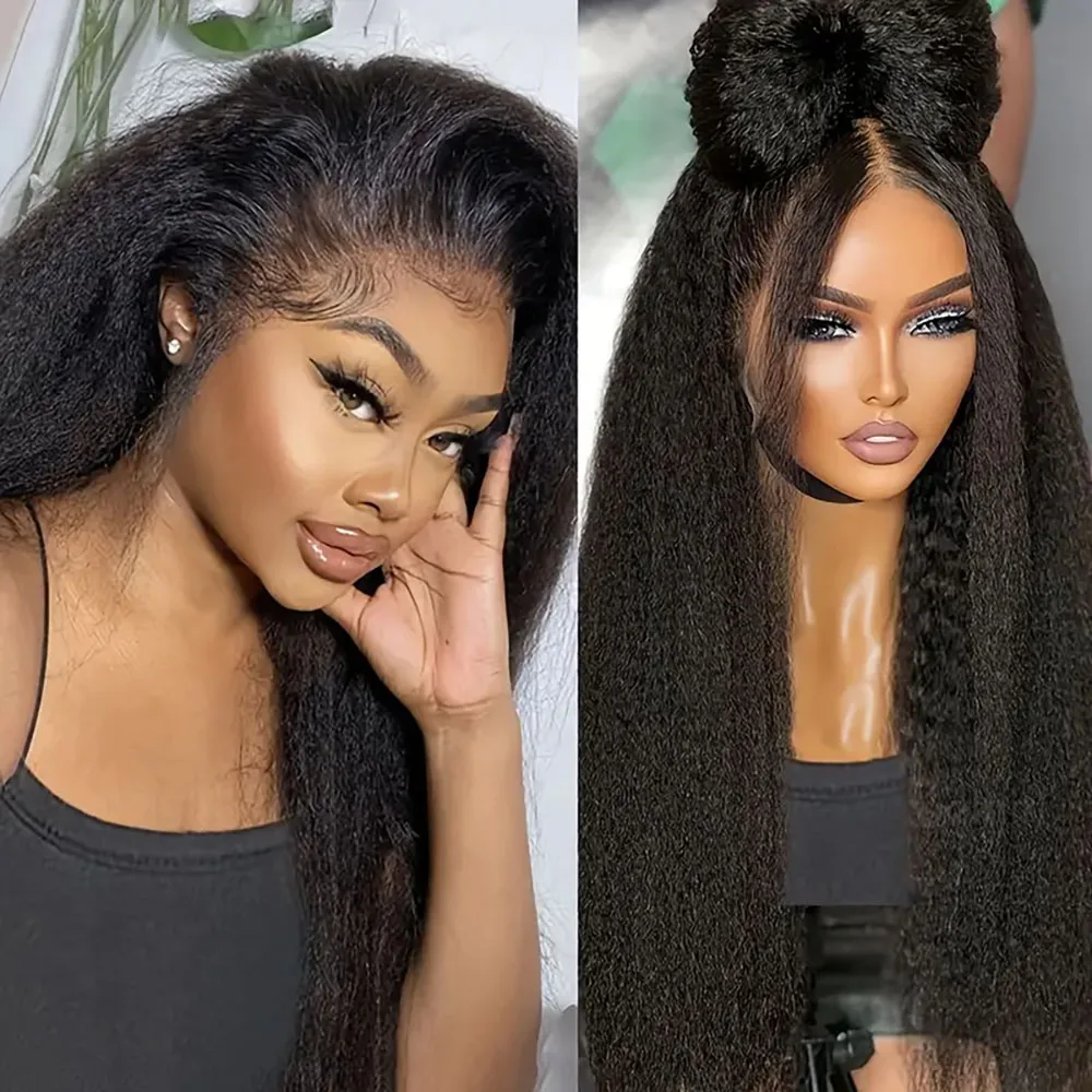 レースフロントウィッグ 女性用 キンキーストレート レースフロントウィッグ 人毛 1B #   女性のためのナチュラルカラーのかつら 5x5 13x4