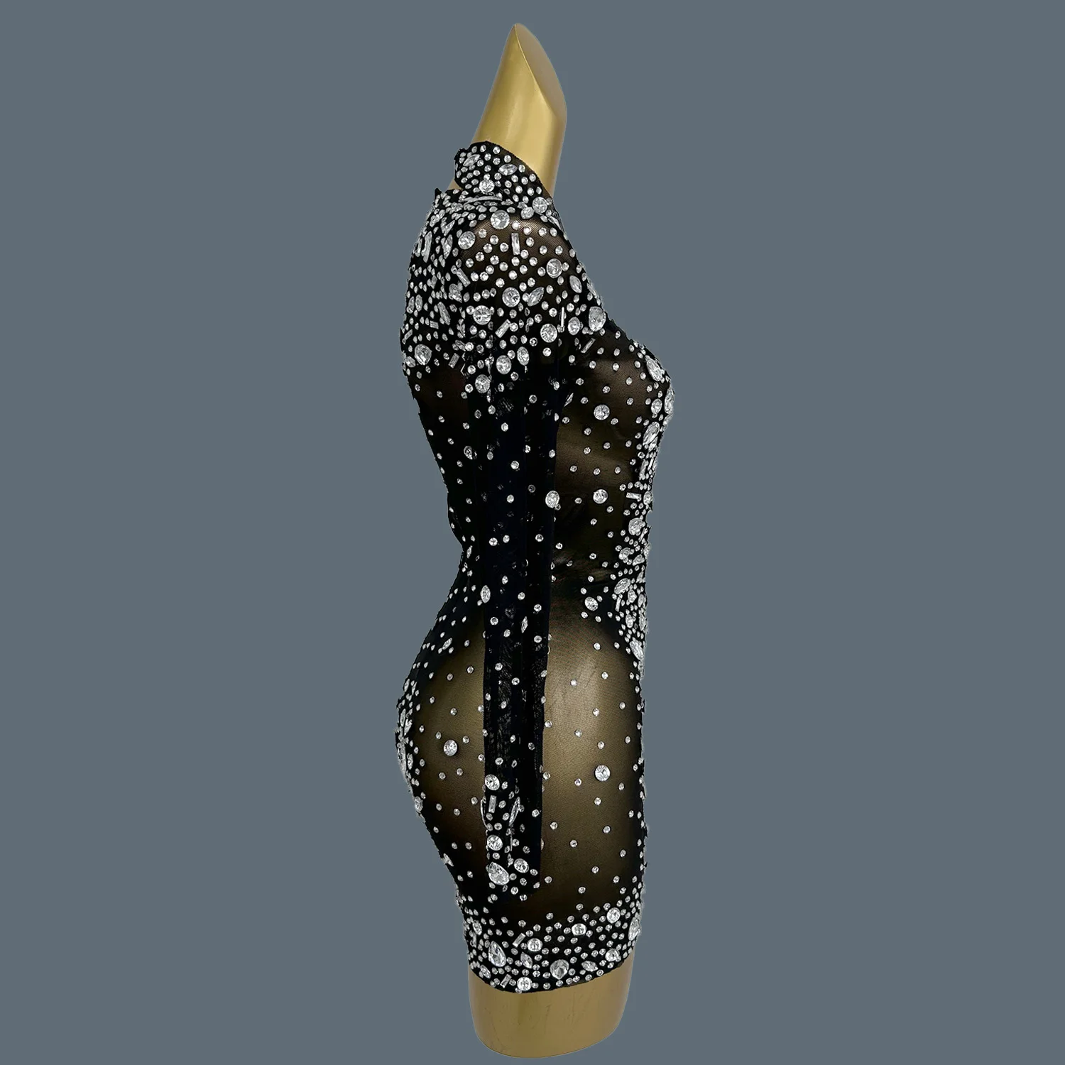 

Elegant Sparkly Crystals Black Mesh Mini Dress for Women Sexy See Through Birthday Luxury Evening Dress Singer Show Wear Cuixing