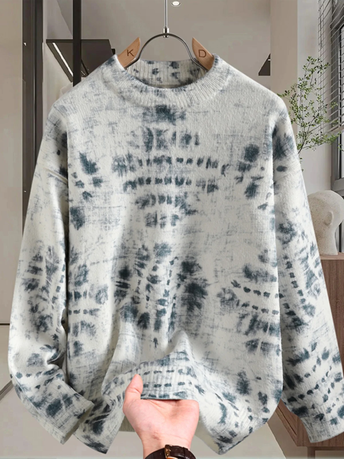 

Мужской вязаный свитер с круглым вырезом, свободного кроя, с эффектом тай-дай, теплый зимний, из шерсти, повседневный, модный, из смеси полиэстера и нейлона