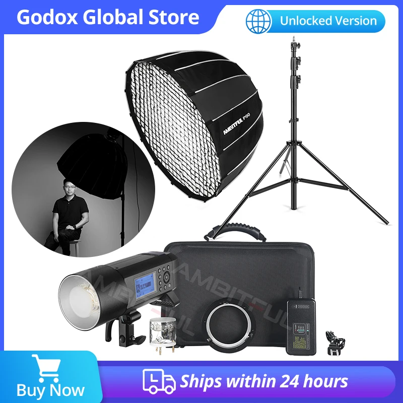 

Godox AD400Pro AD400 Pro TTL HSS WITSTRO All-in-One Outdoor Flash + 2.8m Air Cushioned Light Stand + 90CM Deep Parabolic Softbox