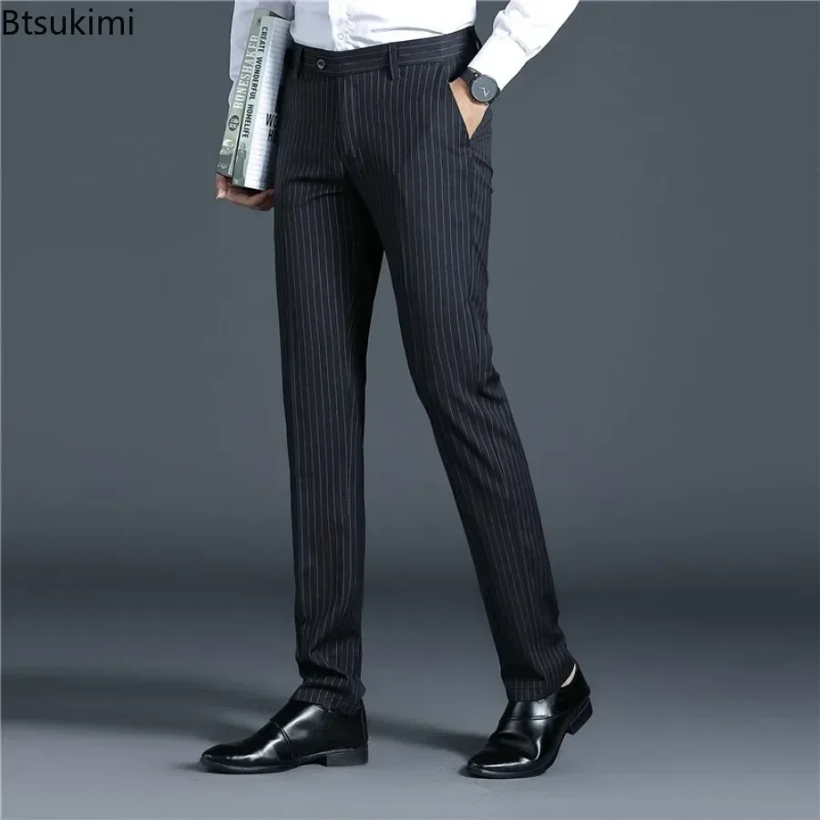 2025 New Men's Suit Pants Spring Autumn Fashion Thicker Business Casual Trousers Men Striped Slim Non-ironing Breath Suit Pants