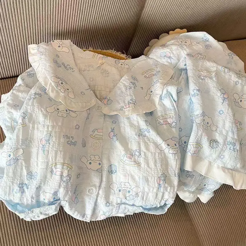 

Sanrio Cinnamoroll Pajamas Women's Cute Spring Autumn Cotton Long Sleeve Pants with Breast Cushion Cartoon Home Clothes Set