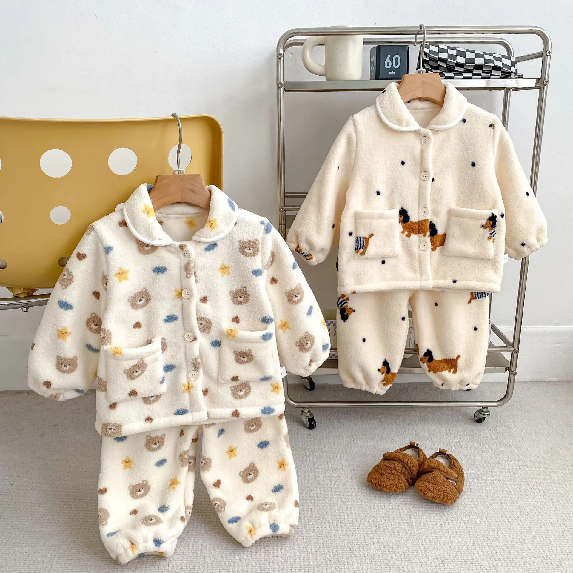 Boys Girls Cute Cartoon Pajamas 2pcs Suit Plus Velvet Thick Baby Nightwear Set Winter New Children Warm Home Clothes Set