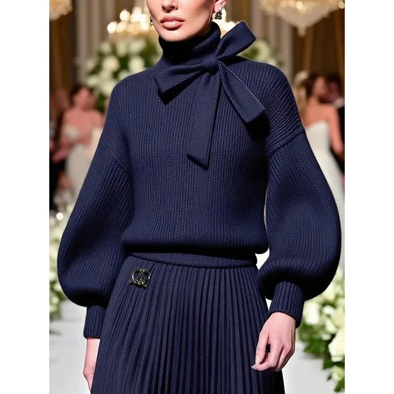 Women's Navy Blue Bow Tie High Neck Sweater Ribbed Knit Lantern Sleeves Pullover Elegant Autumn Winter Party Office Tops
