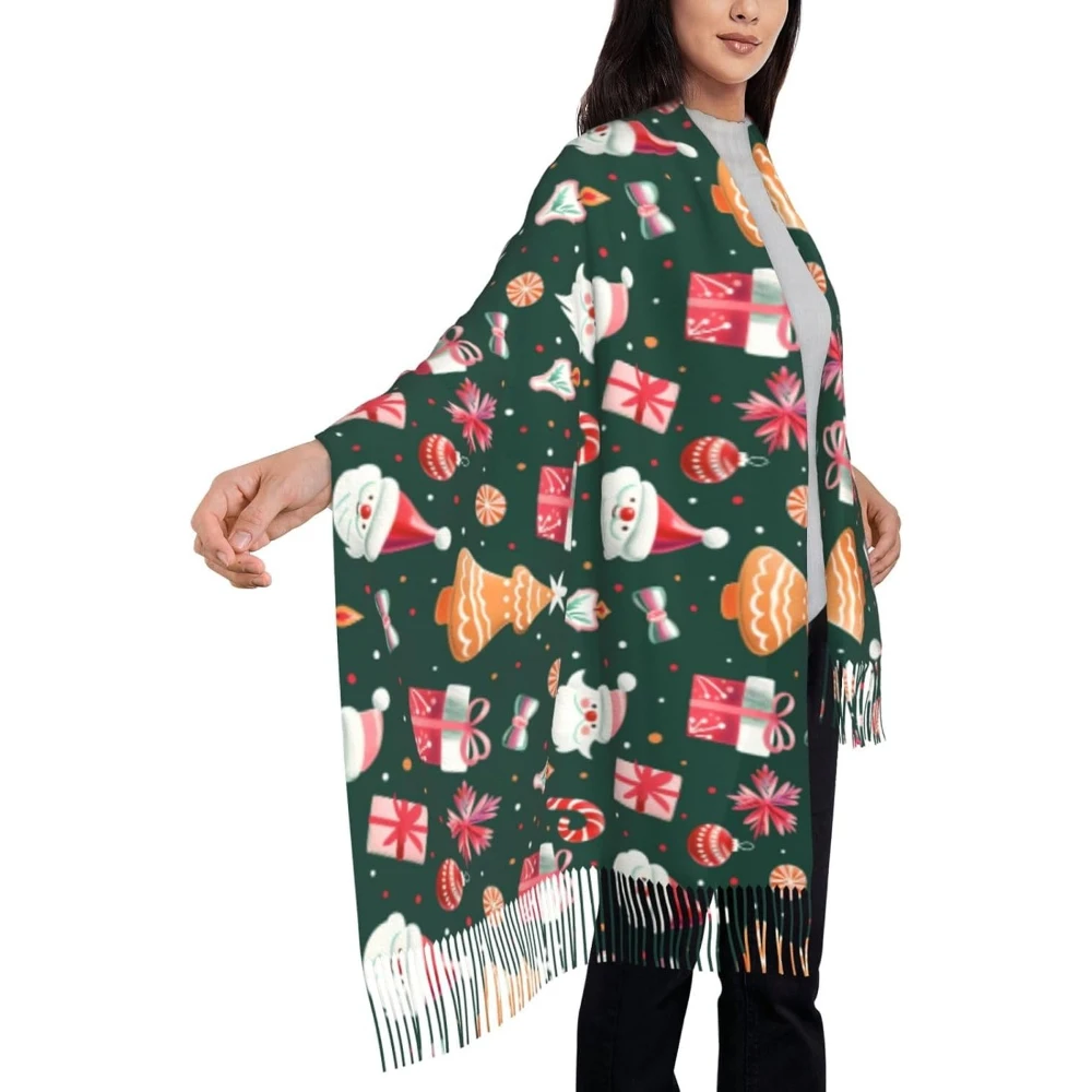 

Merry Christmas Print Scarf Warm for Women Winter Scarf Fashionable Faux Cashmere With Tassels Santa Claus Holly