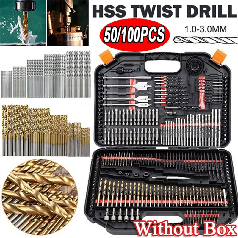 100/50Pcs Titanium Coated Drill Bits HSS High Speed Steel Set Tool Quality Power Tools 1/1.5/2/2.5/3mm