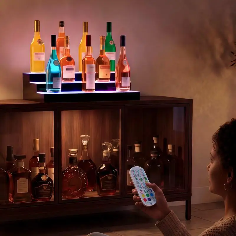 

LED Lighted Liquor Bottle Display, 3 Tiers 24 inches, Supports USB, Acrylic Illuminated Home Bar Shelf Display with RF Remote & App Control, 9 Static Colors, Timing Mode, for 18-24 Bottles