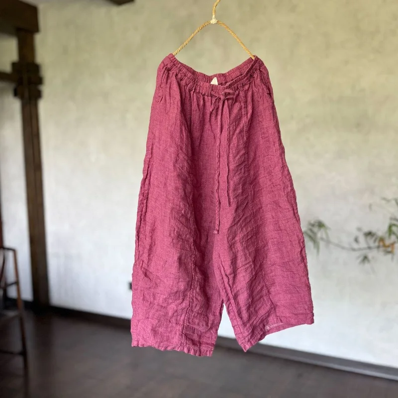 Women Vintage High Quality Original Design Linen Pants Wide Leg Elastic Waist Loose 2026 Straight Conformable Pants Plus Size
