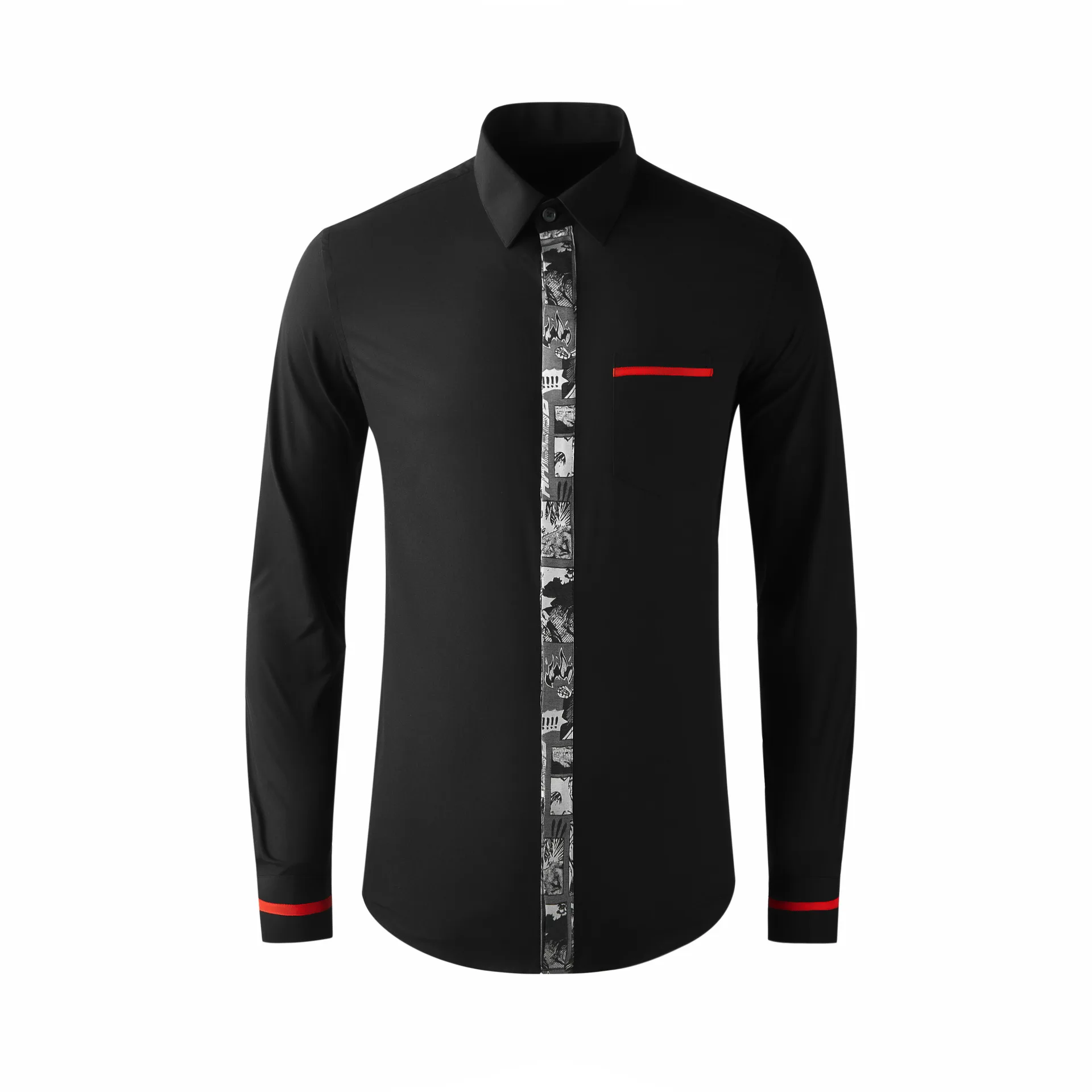 

Front placket animation splicing color blocking slimming men's shirt top trendy men's chic men's clothing