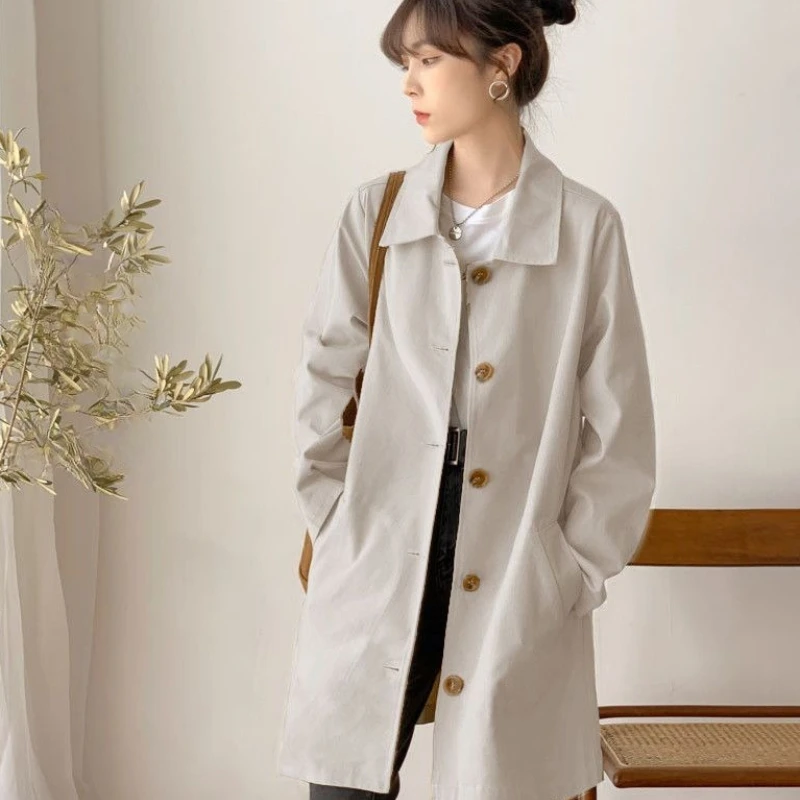 Women's Longline Trench Coat With Lining Simple Loose Fit Spring Autumn Casual Outerwear Solid Color Versatile Student