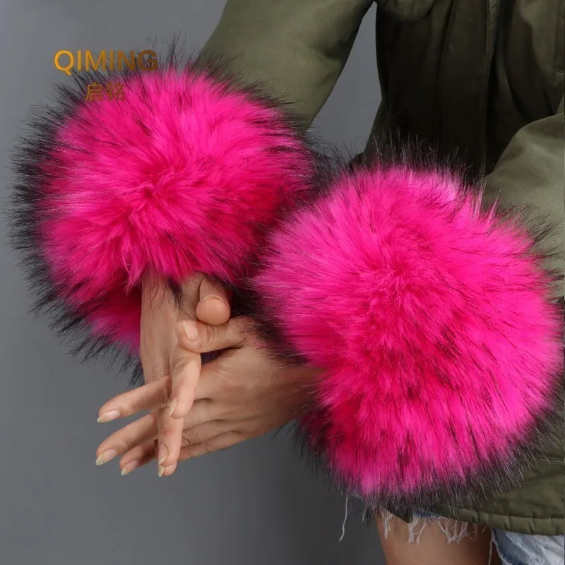 Guantes de lujo gruesos para mujer, cálidos guantes para brazos y muñeca, pulsera de piel sintética de conejo, brazalete, bufanda elástica de felpa