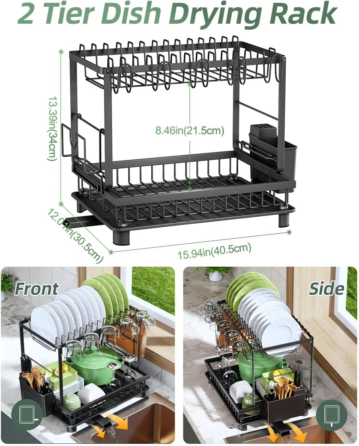 Black Rust-Proof Carbon-Steel 2-Tier Space-Saving Dish Drying Rack, Multi-Functional Layout With Drainboard, Utensil & Independent Cup Holders