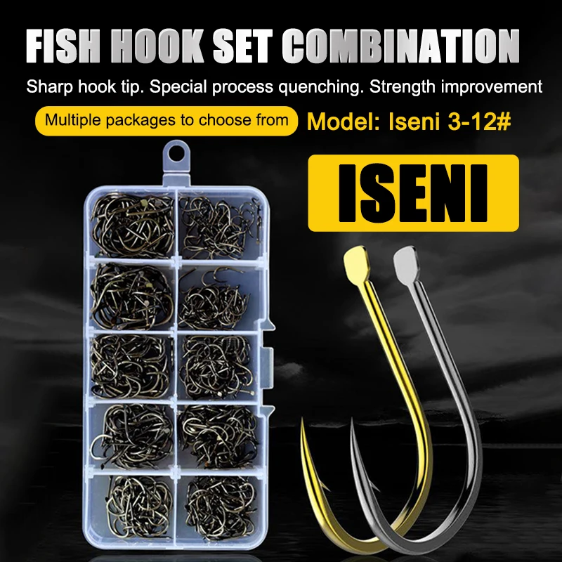 Fish Hooks Set Combination Iseini 3-12# Barbed Boxed Set Bulk Fishing Hooks Fishing Gear