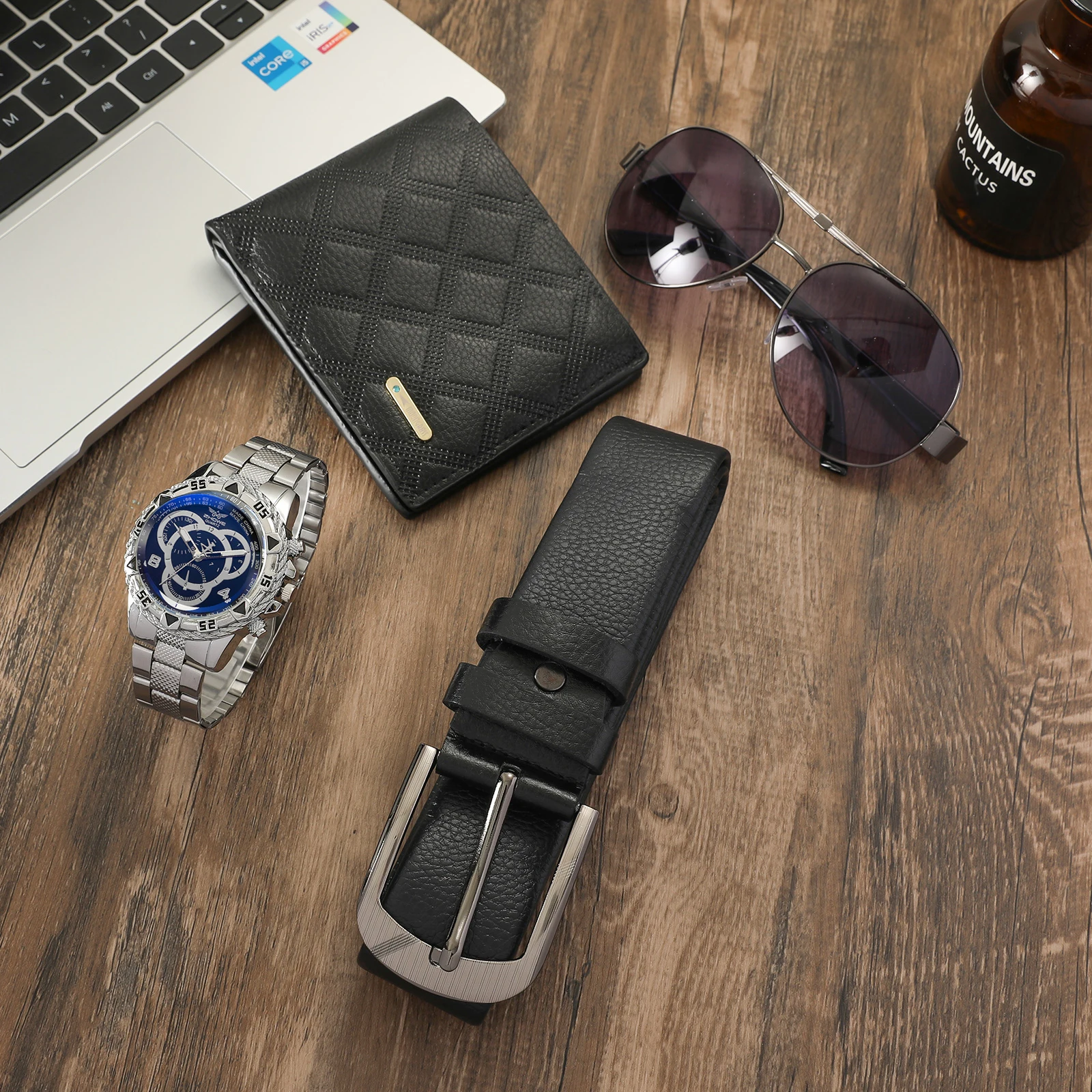 แฟชั่นผู้ชายแสงสีฟ้าหน้าปัดใหญ่นาฬิกาควอทซ์เหล็กวงแว่นกันแดดเข็มขัดกระเป๋าสตางค์กล่องของขวัญ 4 ชิ้น