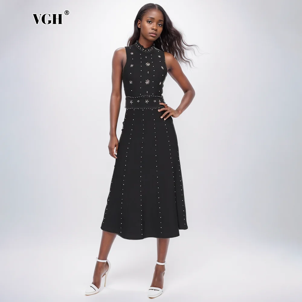 

VGH Solid Knitting Elegant Dress For Women Round Neck Backless Sleeveless High Waist Slimming A Line Long Dresses Female Fashion