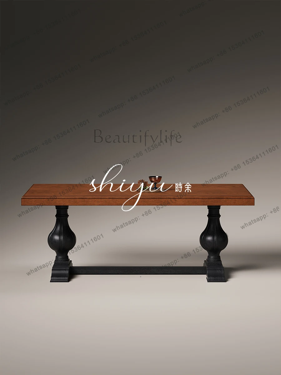 Retro size apartment long table all solid wood medium antique black white oak